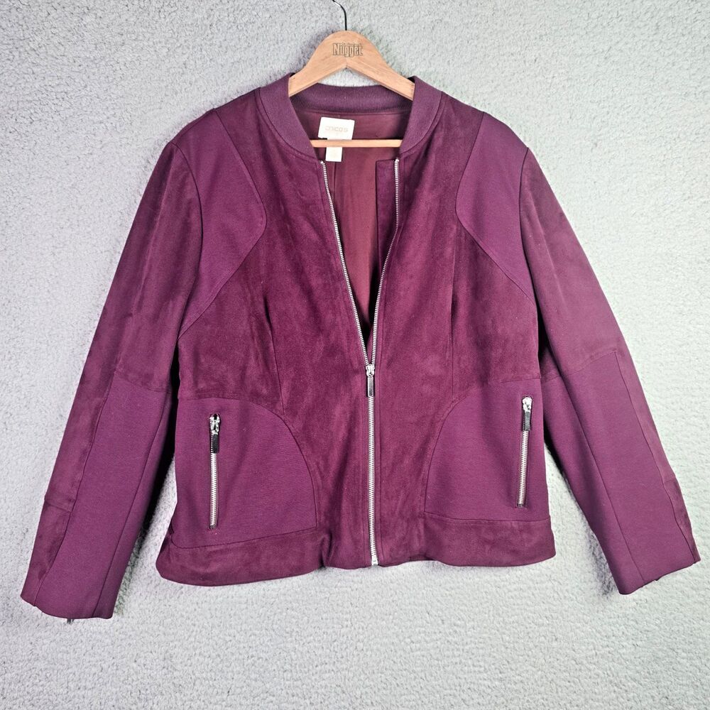 Chicos Moto Jacket Purple Size 2 Faux Suede Knit Zip Pocket Minimalist Chic
